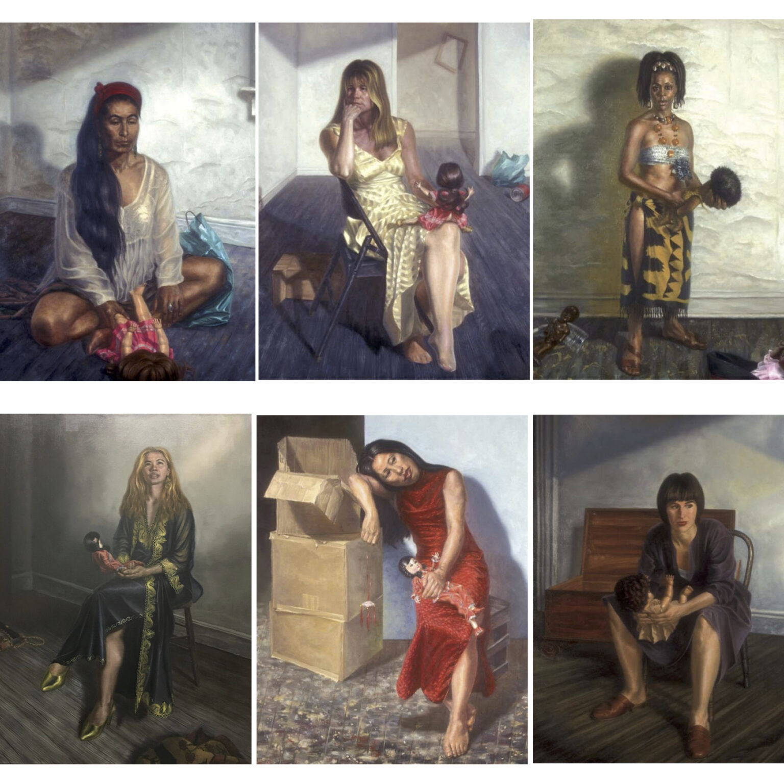 Composite image of 6 paintings of women with their dolls